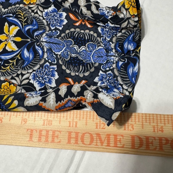 LOFT Long Sleeve Ruffled Drop Wsist Shift Dress. Navy with Yellow Floral Print - Picture 10 of 14